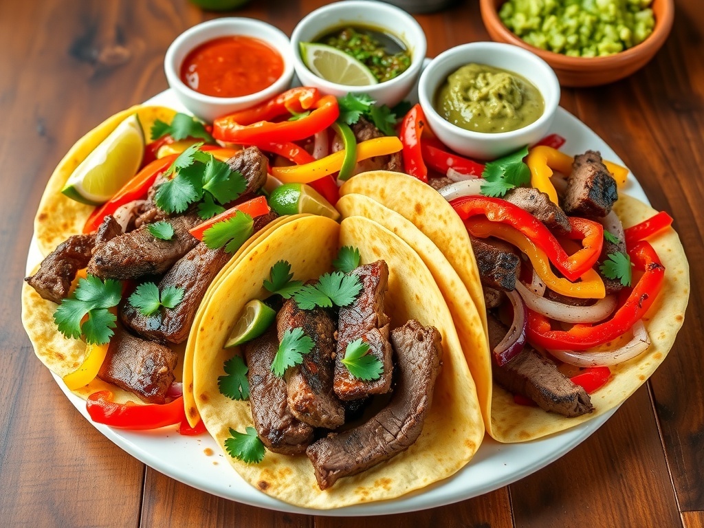 A plate of steak fajitas with grilled peppers and onions on warm tortillas, garnished with cilantro and lime.